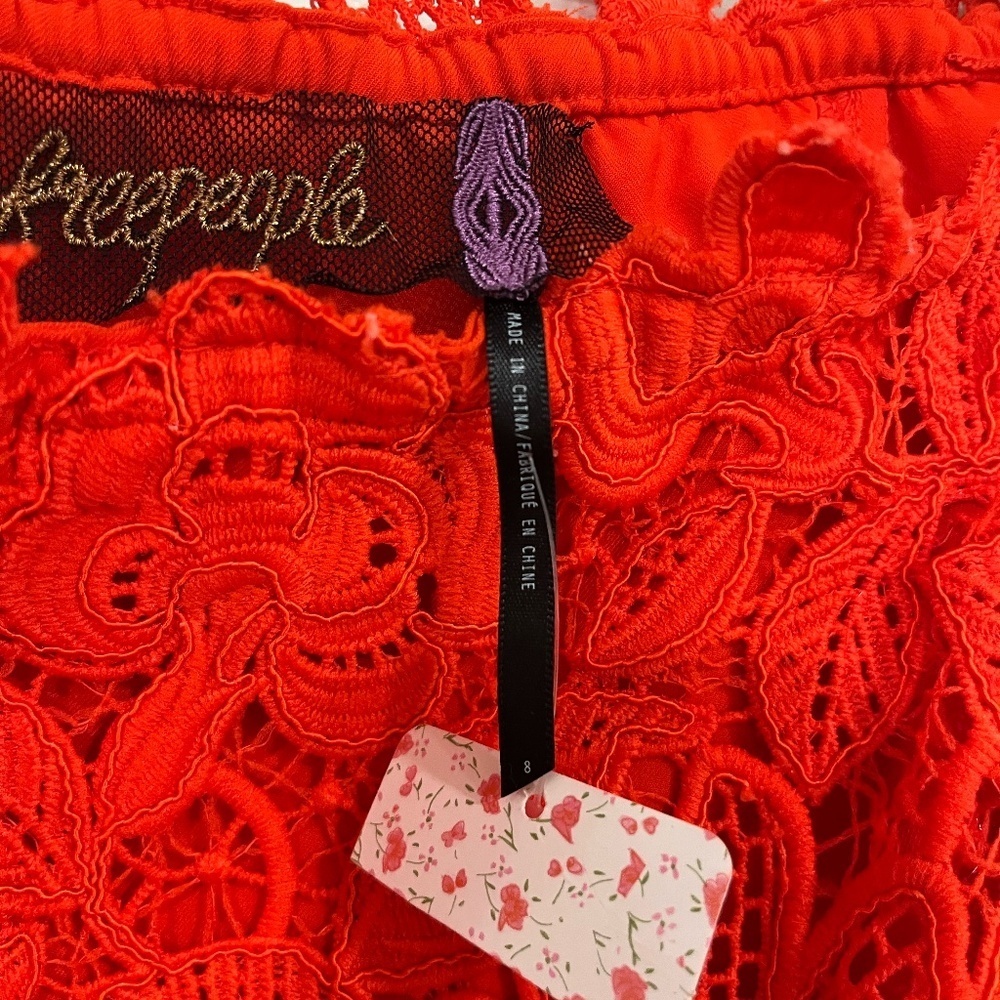 NWT FREE PEOPLE | Dusk Off The Shoulder Lace Dress in Fiesta Red | Size 8 - Picture 9 of 11
